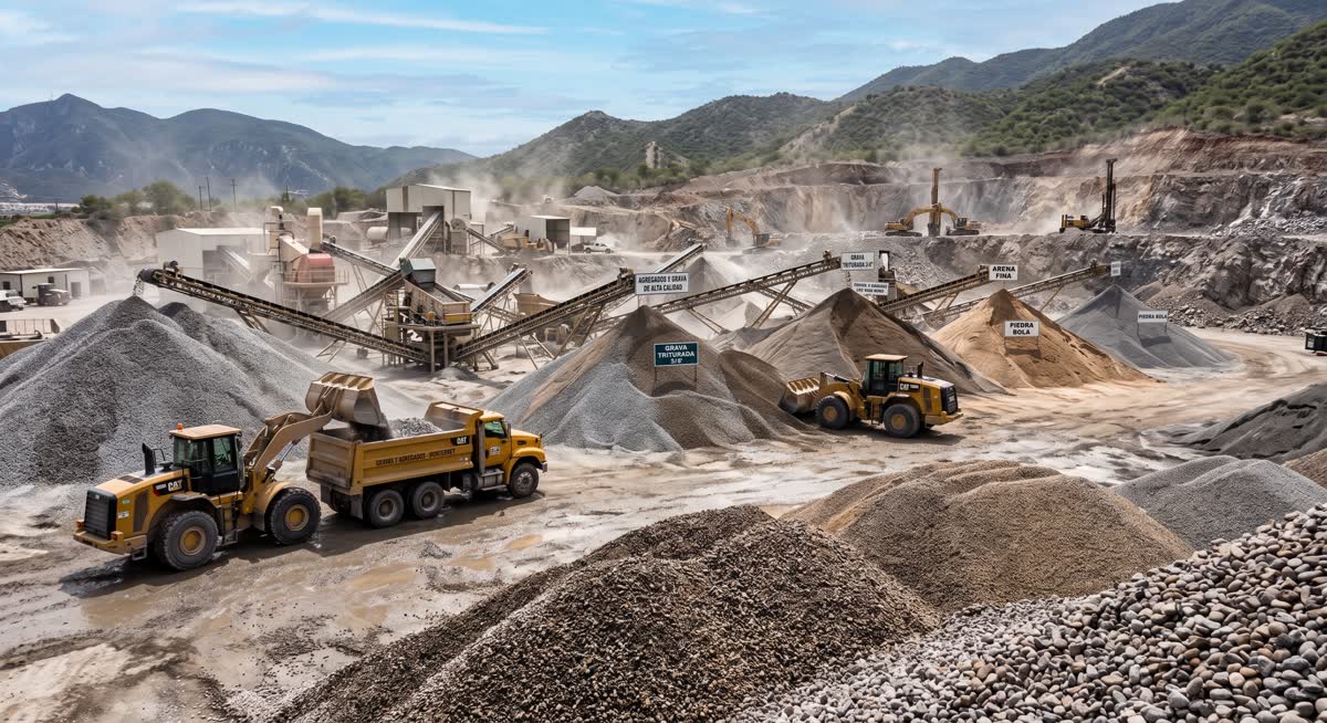 Loader filling a dump truck at an aggregate yard stacked with gravel and sand