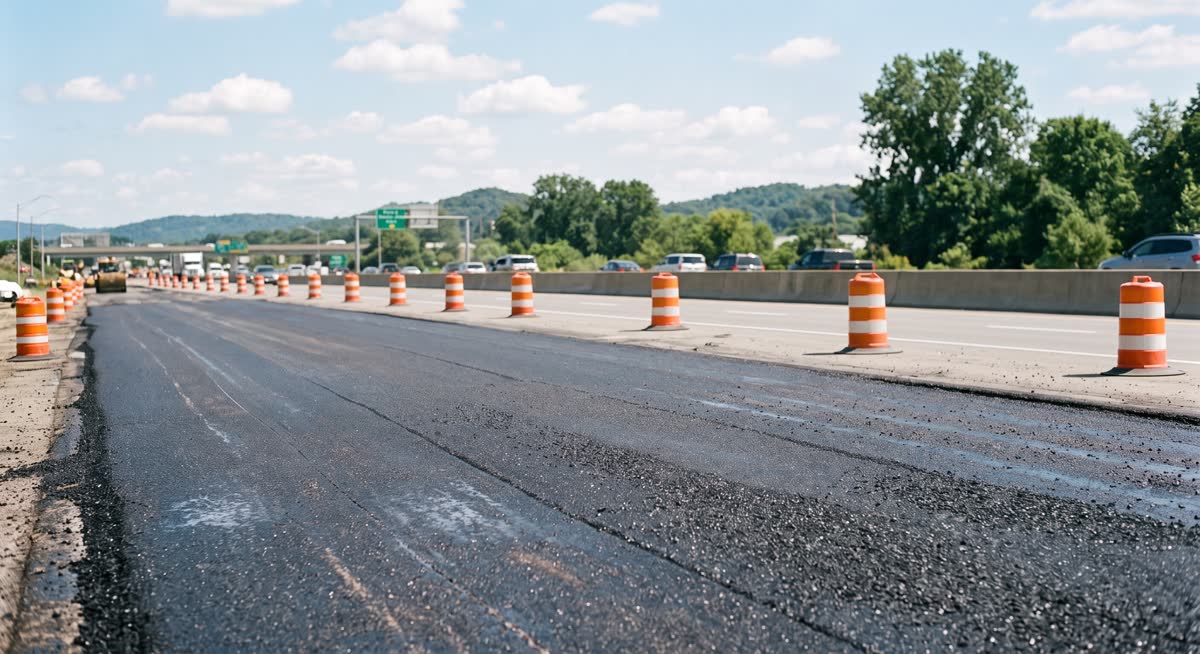 Freshly laid hot asphalt mat on a highway lane behind the barrels