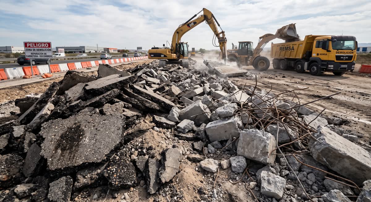 Broken asphalt slab and concrete rubble at a road demolition, with an excavator loading a truck