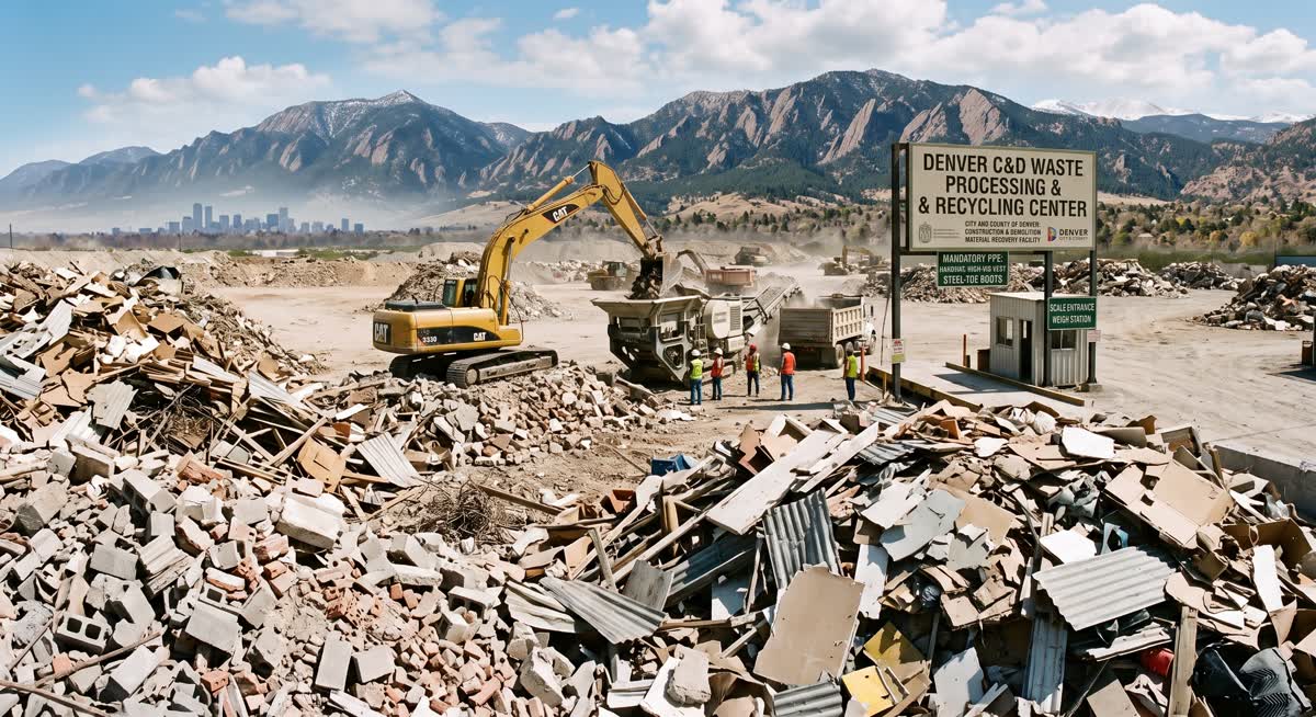 Mixed construction debris piled at a demolition waste recycling center