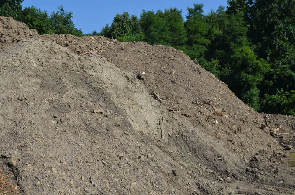 Stockpile of excavated fill dirt heaped beside a treeline